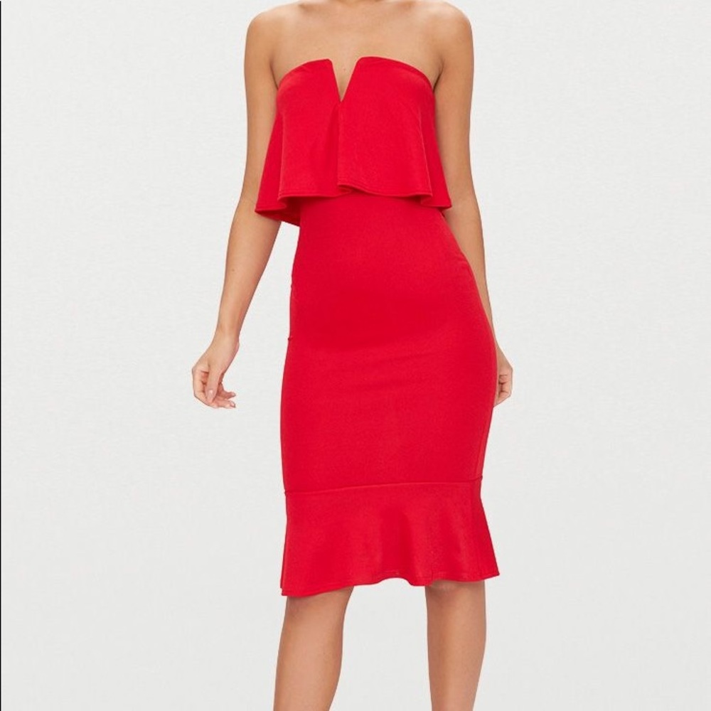 Red Bandeau V Bar Frill Hem Midi Dress